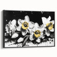 Framed canvas wall art featuring a botanical daffodil design in vibrant colors, displayed from a black side view, perfect for home decor enthusiasts. Ideal for adding a touch of nature to any room.