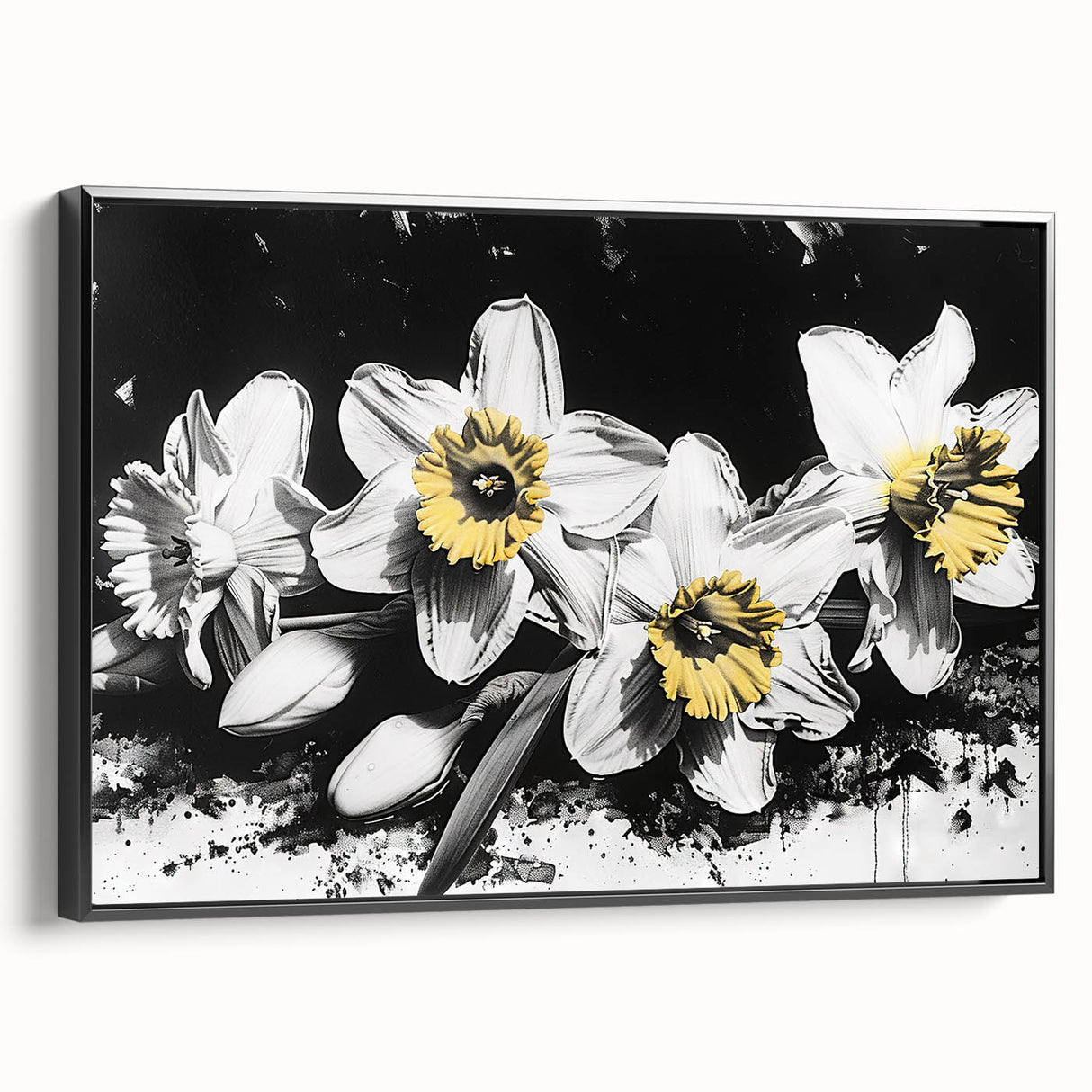 Framed canvas wall art featuring a botanical daffodil design in vibrant colors, displayed from a black side view, perfect for home decor enthusiasts. Ideal for adding a touch of nature to any room.