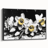 Framed canvas wall art featuring a botanical daffodil design in vibrant colors, displayed from a black side view, perfect for home decor enthusiasts. Ideal for adding a touch of nature to any room.