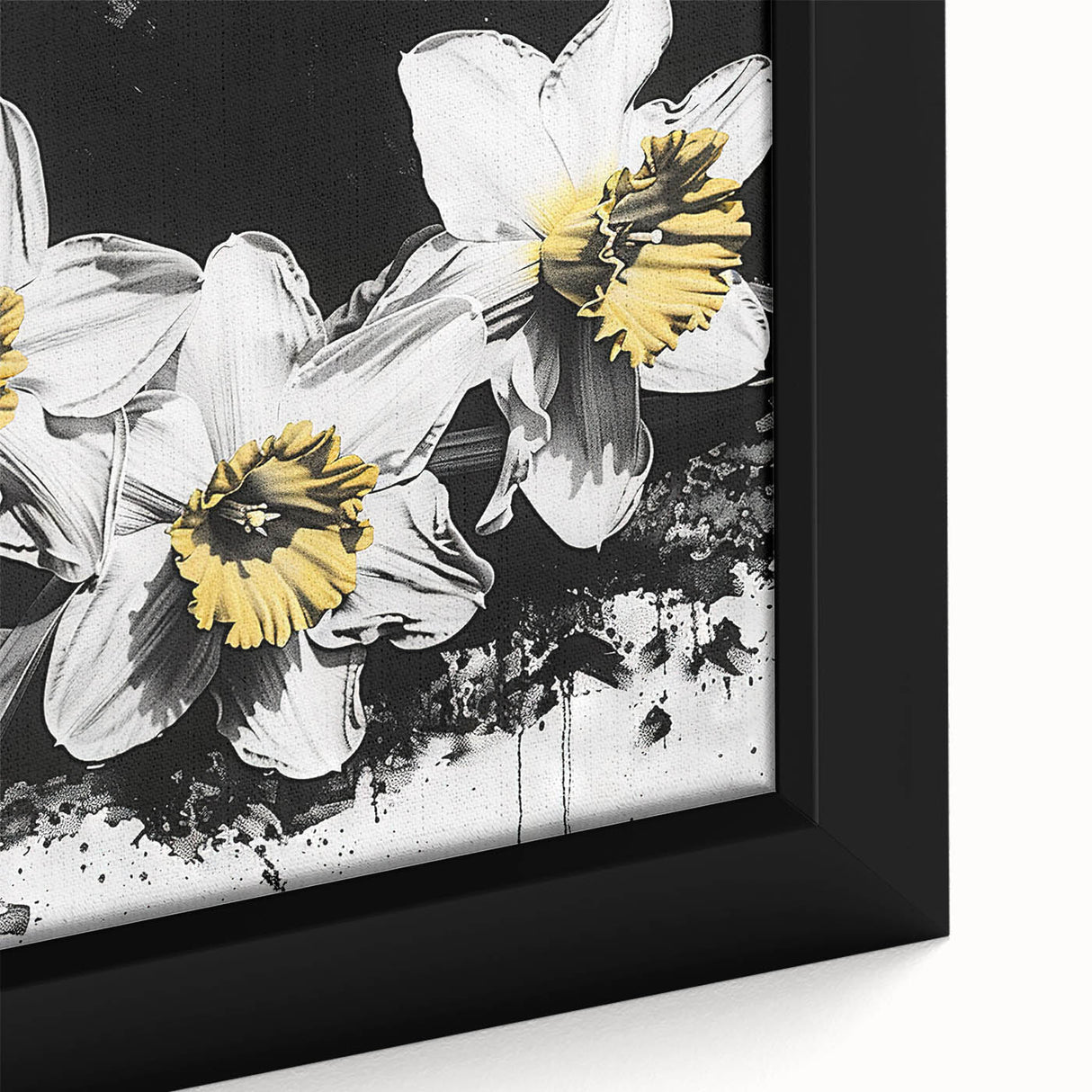 Close-up of a framed canvas wall art featuring a vibrant botanical daffodil design, showcasing detailed yellow petals against a soft green background, perfect for home decor.