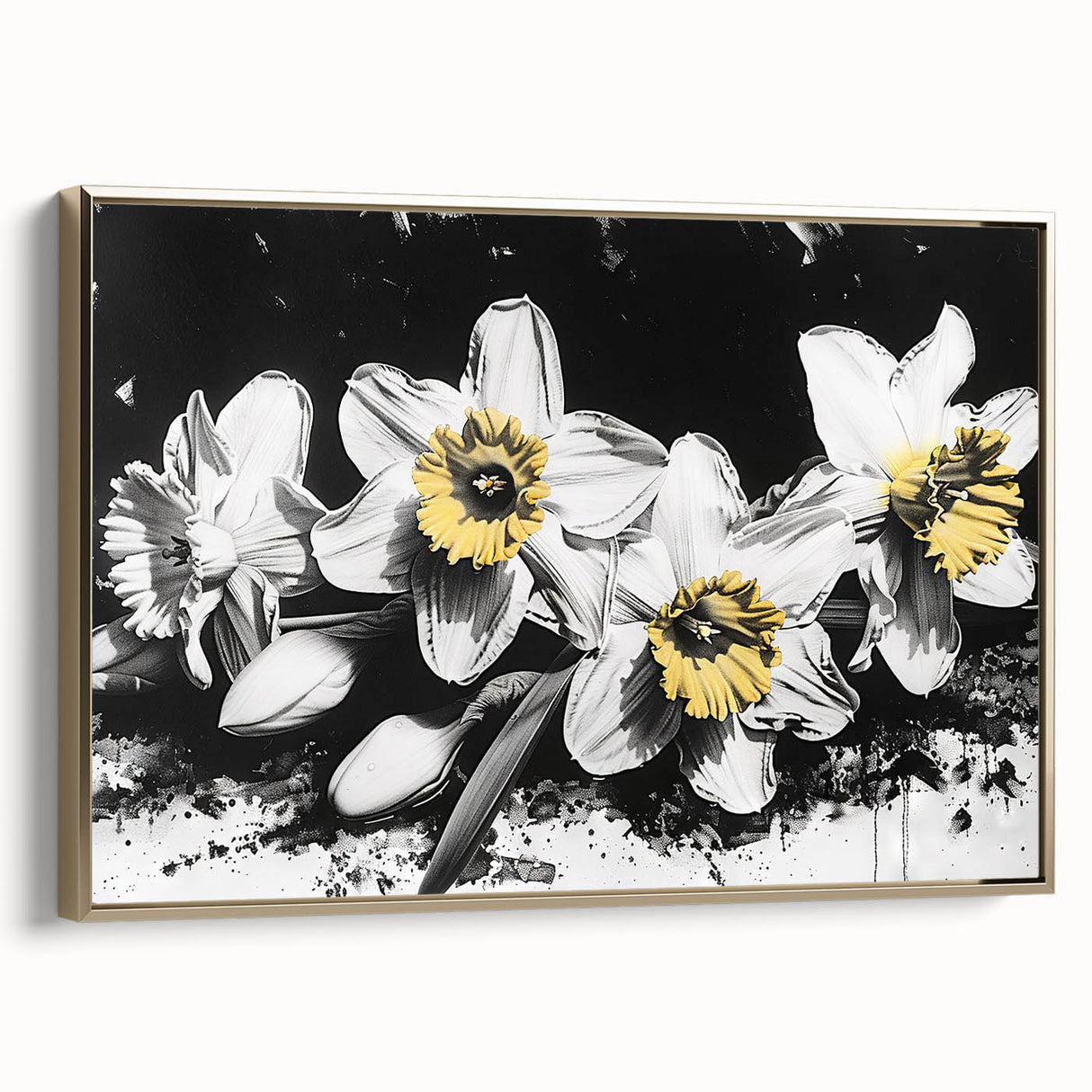 Framed canvas wall art featuring a botanical daffodil design with gold accents, showcasing a side view that highlights its elegant frame and vibrant colors. Perfect for home decor and floral enthusiasts.