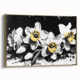 Framed canvas wall art featuring a botanical daffodil design with gold accents, showcasing a side view that highlights its elegant frame and vibrant colors. Perfect for home decor and floral enthusiasts.