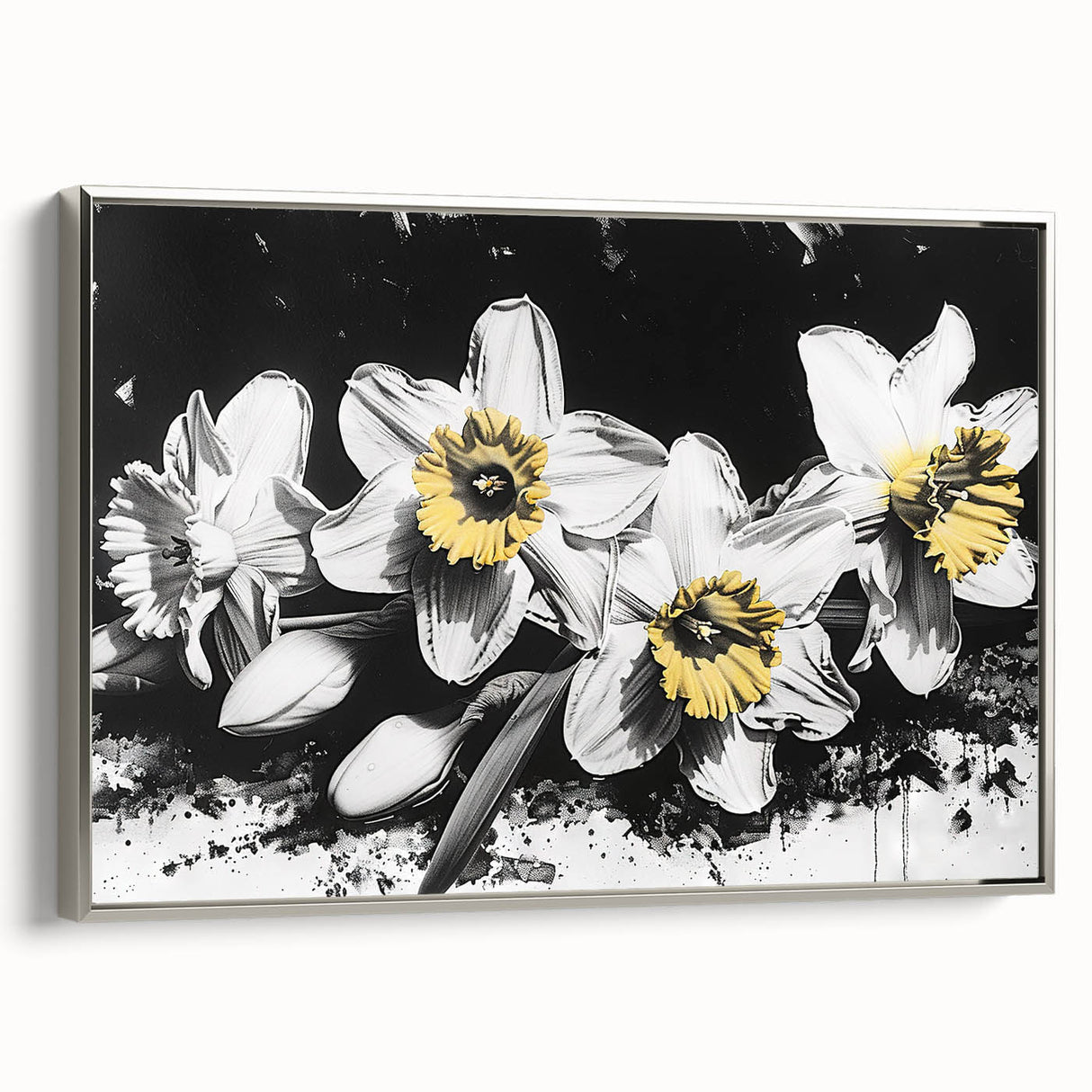 Framed canvas wall art featuring a botanical daffodil design in elegant silver frame, showcasing vibrant yellow flowers against a soft background, perfect for home decor.