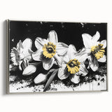 Framed canvas wall art featuring a botanical daffodil design in elegant silver frame, showcasing vibrant yellow flowers against a soft background, perfect for home decor.