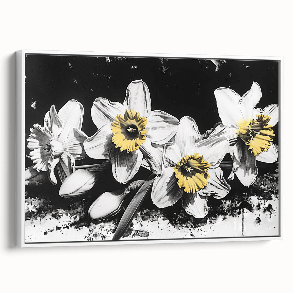 Framed canvas wall art showcasing a botanical daffodil design, featuring vibrant yellow flowers against a white background, ideal for home decor enhancement.