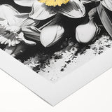 Daffodil botanical wall art design on rolled canvas, showcasing vibrant yellow flowers and intricate details, perfect for home decor or artistic display.