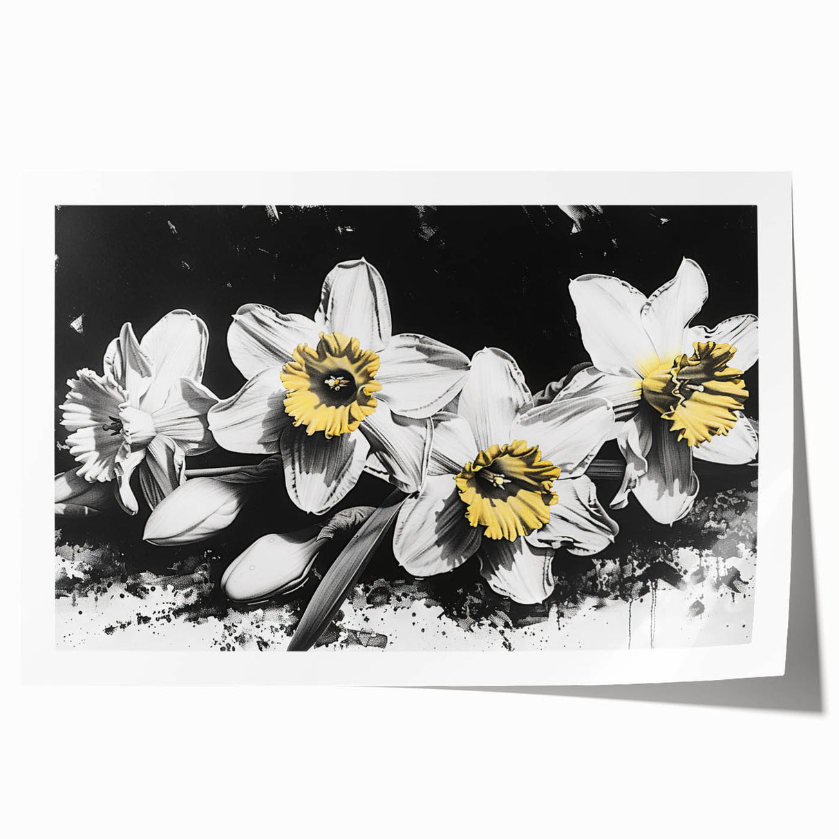 Vibrant daffodil botanical design wall art print showcasing intricate floral details, perfect for home decor enthusiasts seeking a touch of nature-inspired elegance.