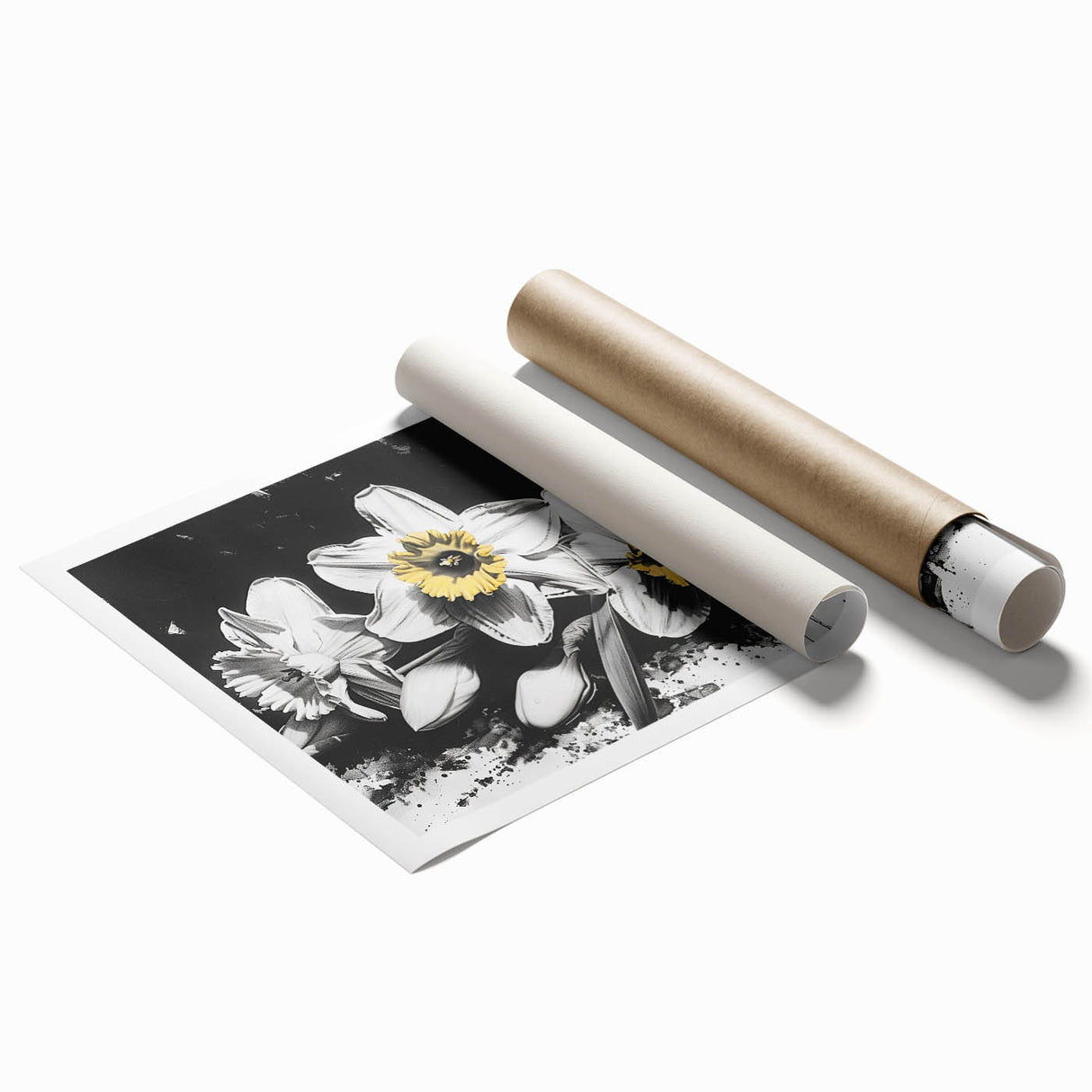 Botanical wall art featuring a vibrant daffodil design, elegantly rolled for easy display, showcasing intricate details and bright yellow hues against a soft backdrop. Perfect for adding a touch of nature to any space.