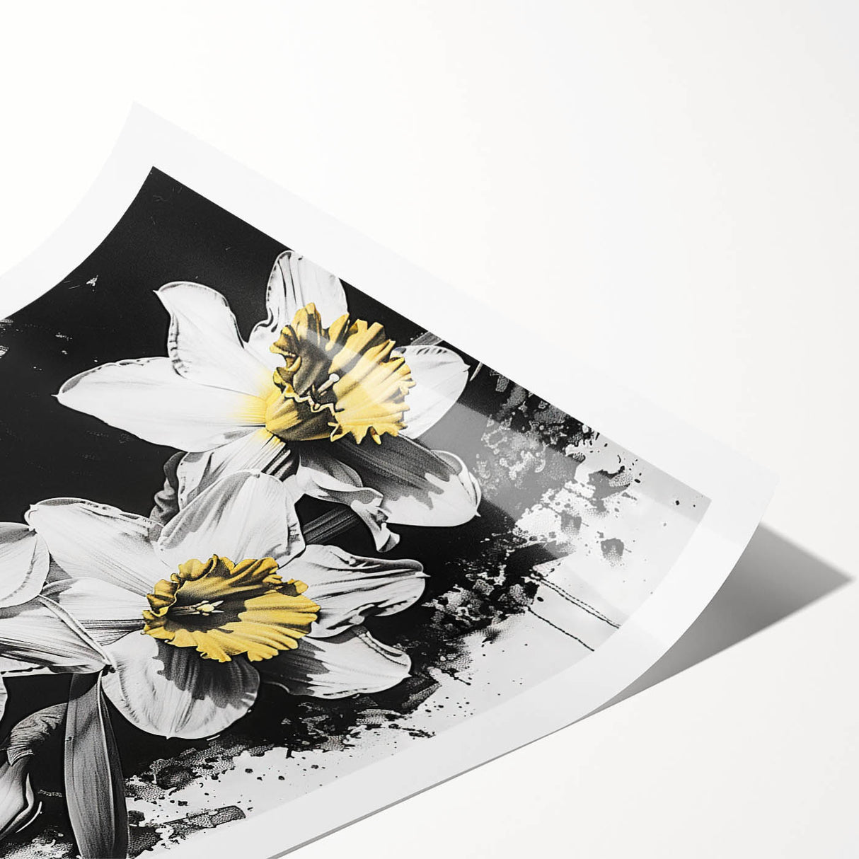 Botanical wall art print showcasing vibrant yellow daffodils against a soft pastel background, elegantly rolled for easy display or gifting, ideal for home decor.