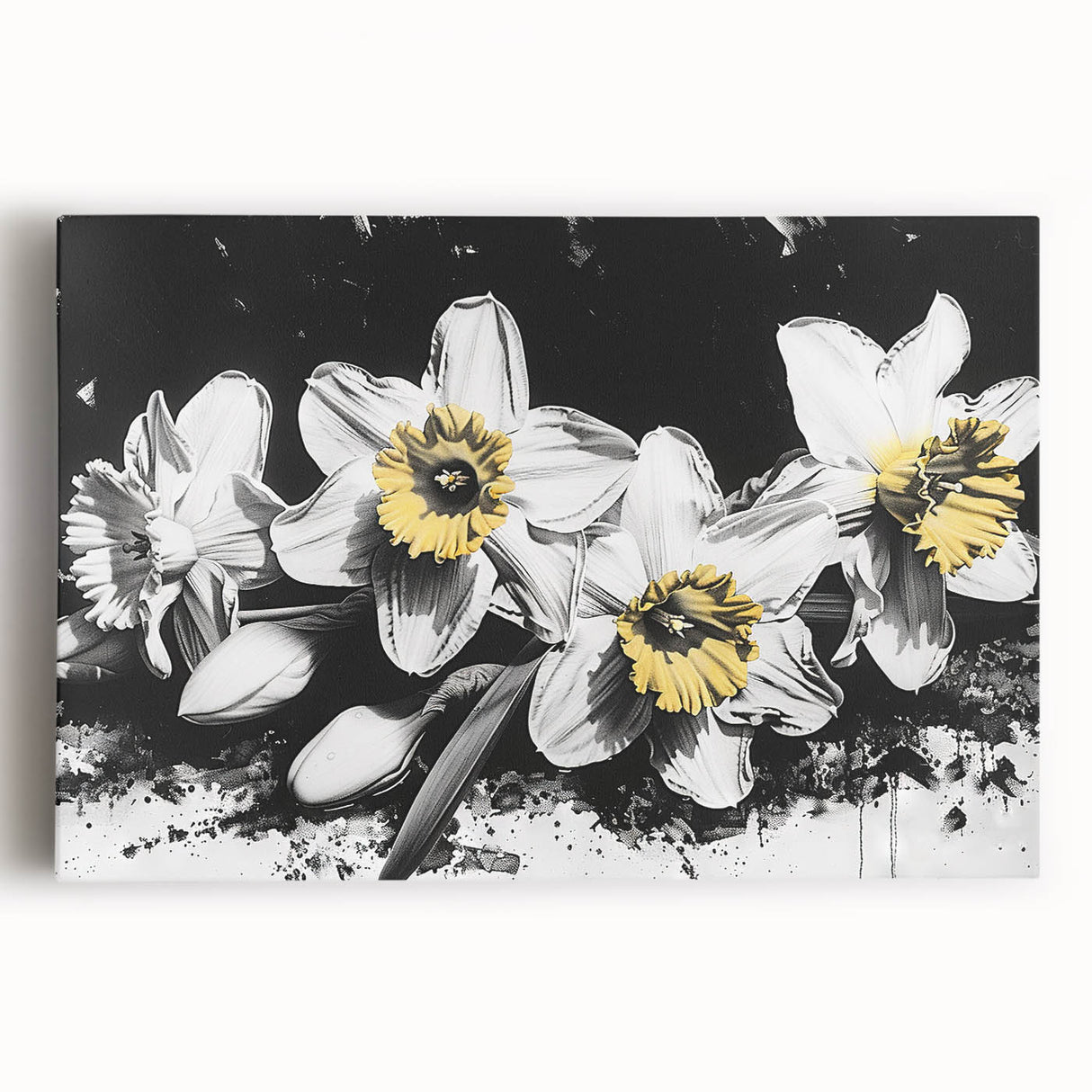 Stretched canvas wall art featuring a vibrant daffodil botanical design in shades of yellow and green, ideal for enhancing home decor with a natural touch.
