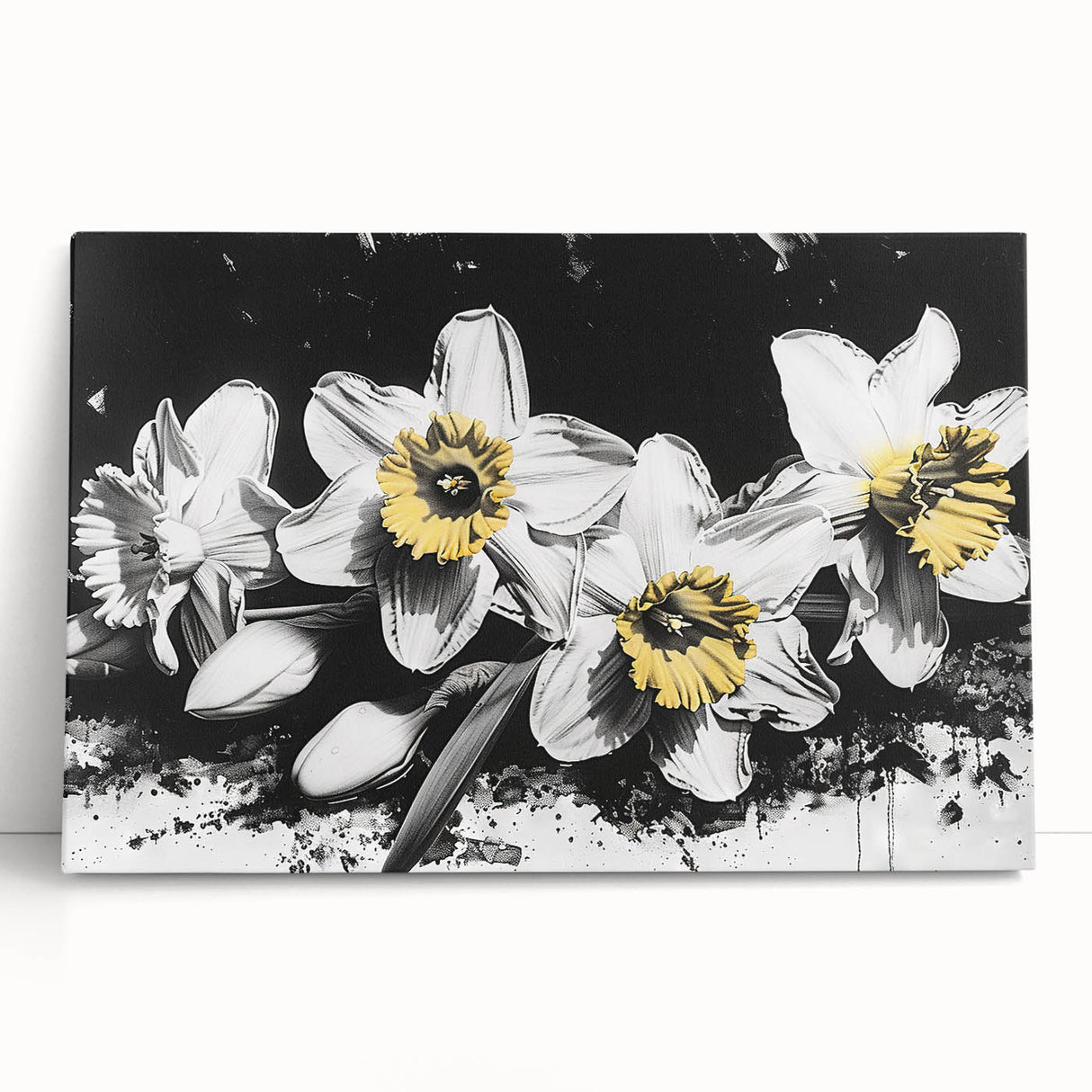 Stretched canvas wall art featuring a vibrant botanical daffodil design, showcasing bright yellow flowers against a soft, neutral background, perfect for home decor.