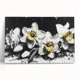 Stretched canvas wall art featuring a vibrant botanical daffodil design, showcasing bright yellow flowers against a soft, neutral background, perfect for home decor.