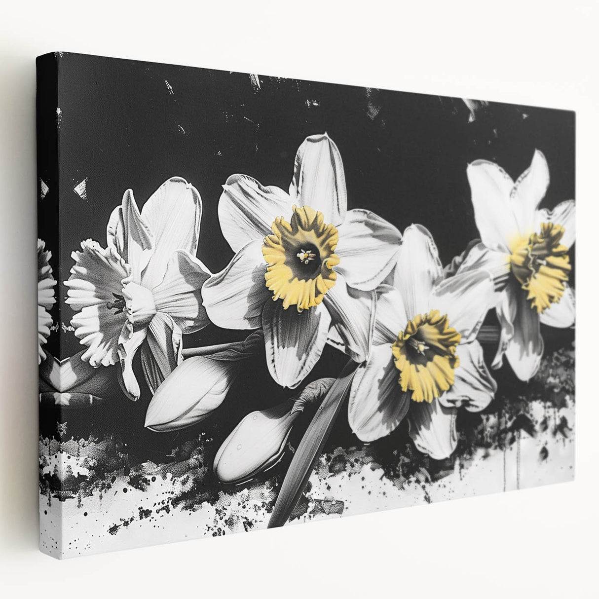 Stretched canvas wall art showcasing a vibrant botanical daffodil design in a side view, ideal for home decor or floral-themed interiors. Perfect for adding a touch of nature's beauty to any room.