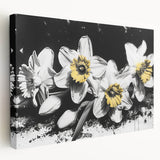 Stretched canvas wall art showcasing a vibrant botanical daffodil design in a side view, ideal for home decor or floral-themed interiors. Perfect for adding a touch of nature's beauty to any room.