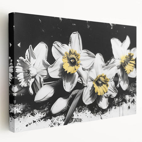 Stretched canvas wall art showcasing a vibrant botanical daffodil design in a side view, ideal for home decor or floral-themed interiors. Perfect for adding a touch of nature's beauty to any room.