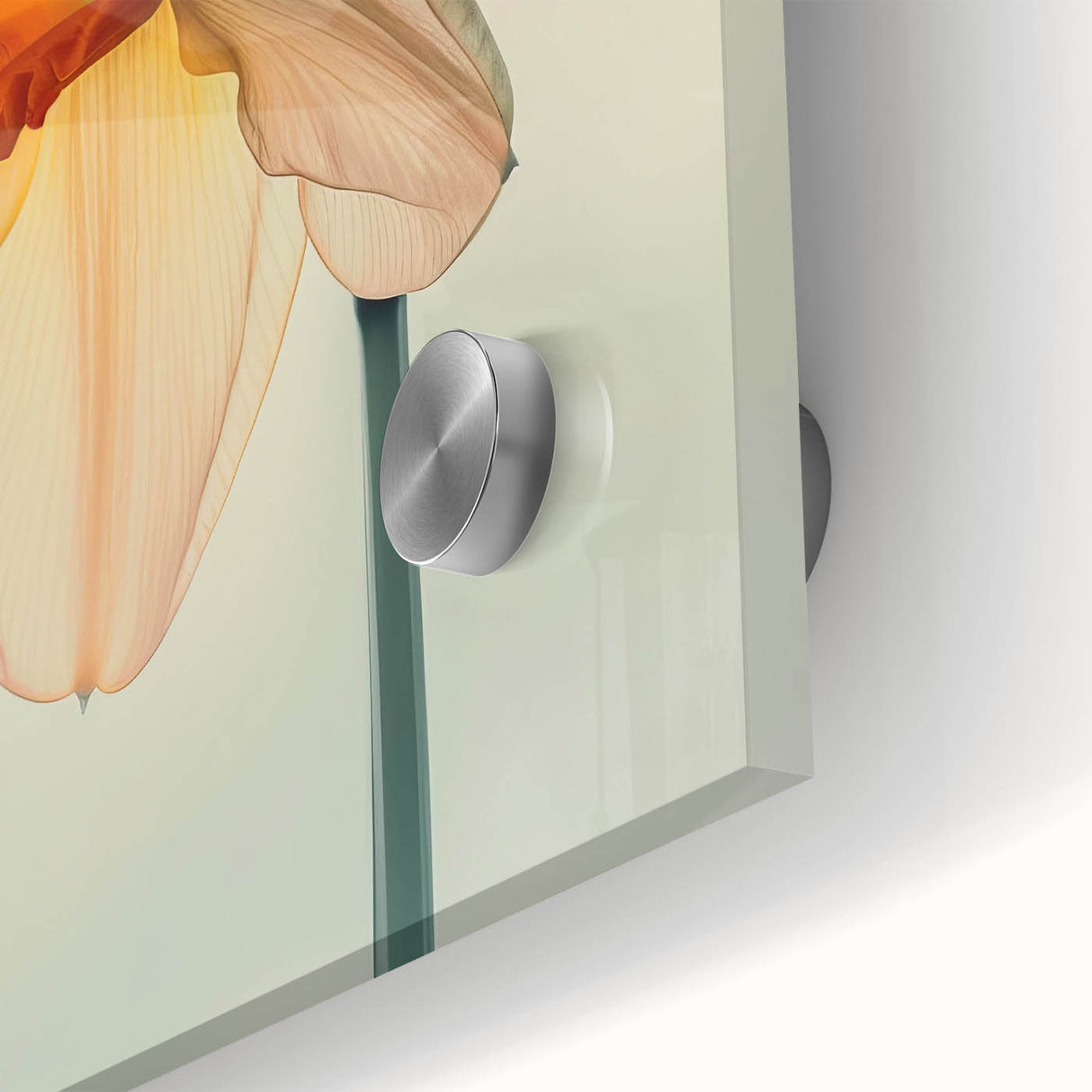 Close-up of a vibrant botanical wall art design showcasing yellow daffodils on acrylic glass, perfect for home decor in contemporary settings.