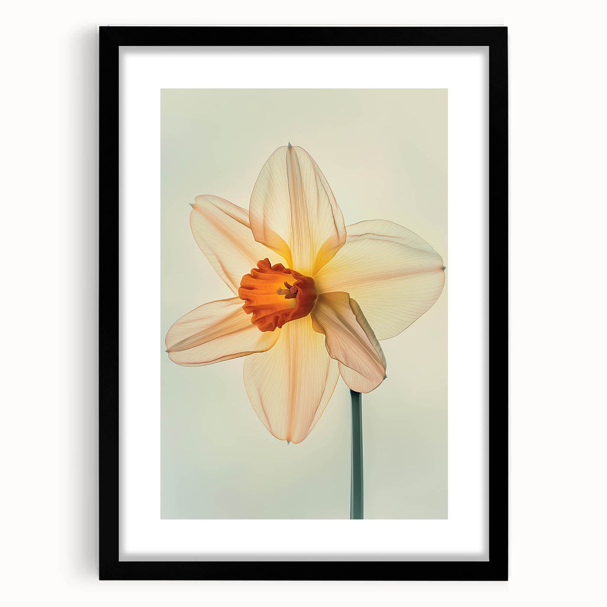 Black-framed botanical wall art showcasing a delicate daffodil design, elegantly matted for a refined presentation, perfect for home decor enthusiasts.