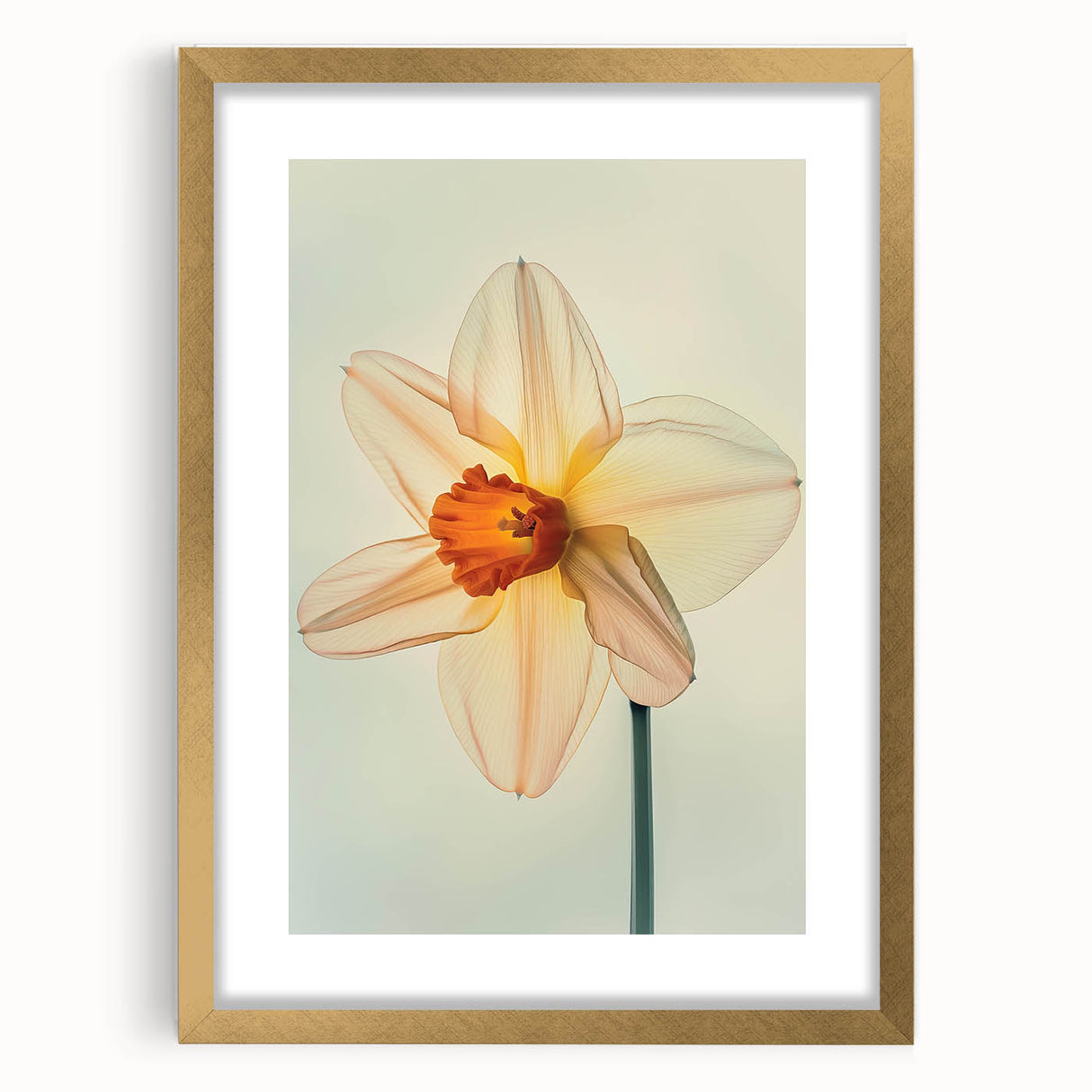 Botanical wall art featuring a vibrant daffodil design, elegantly framed with a gold mat, perfect for enhancing modern home décor and bringing nature indoors.