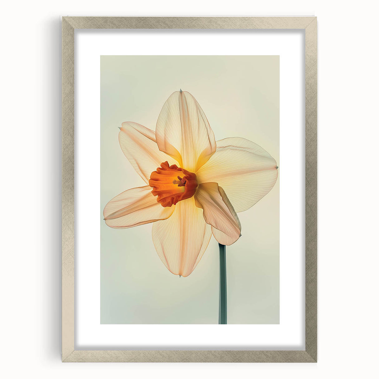 Elegant framed wall art featuring a botanical daffodil design with a silver mat, perfect for enhancing home decor and adding a touch of nature.