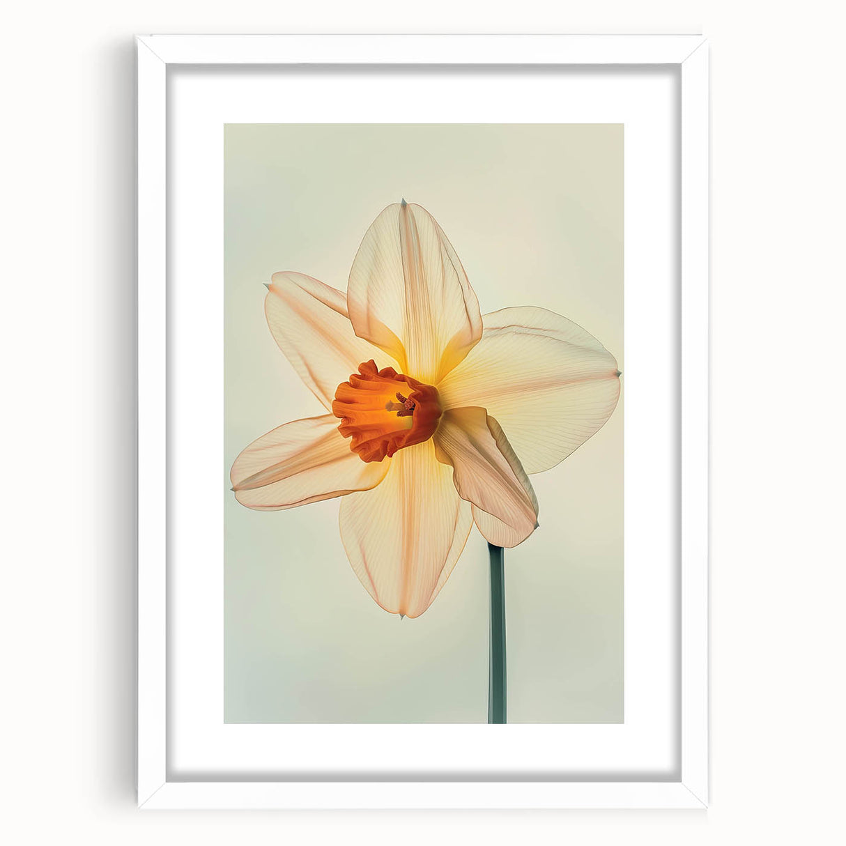 Botanical wall art featuring a vibrant daffodil design in a sleek white frame with a mat, perfect for home decor, showcasing floral elegance and artistry.