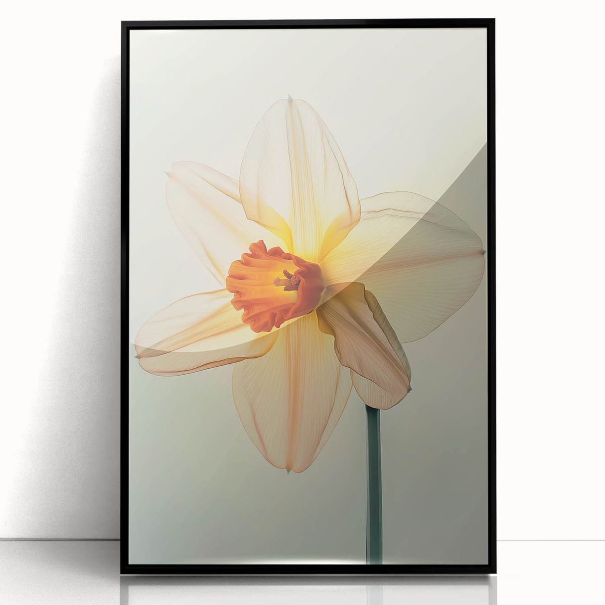 Framed botanical wall art featuring a daffodil design on a black background, showcasing vibrant yellow flowers with intricate details, ideal for home decor.