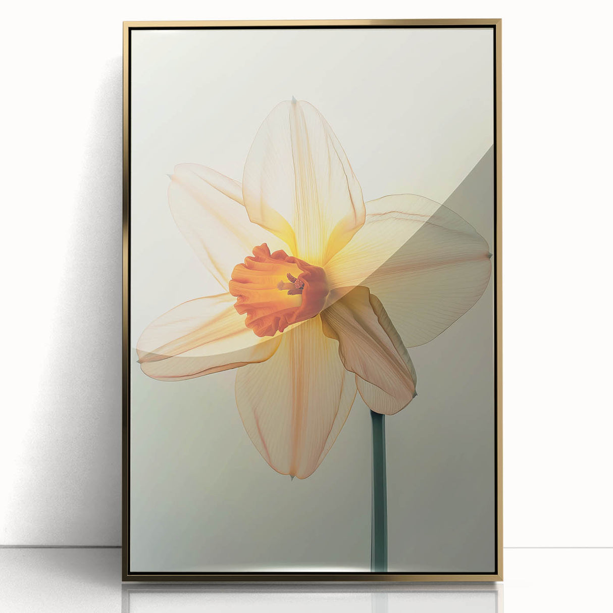 Framed wall art featuring a botanical daffodil design, highlighted by gold accents and a sleek acrylic front, perfect for home decor and floral enthusiasts.