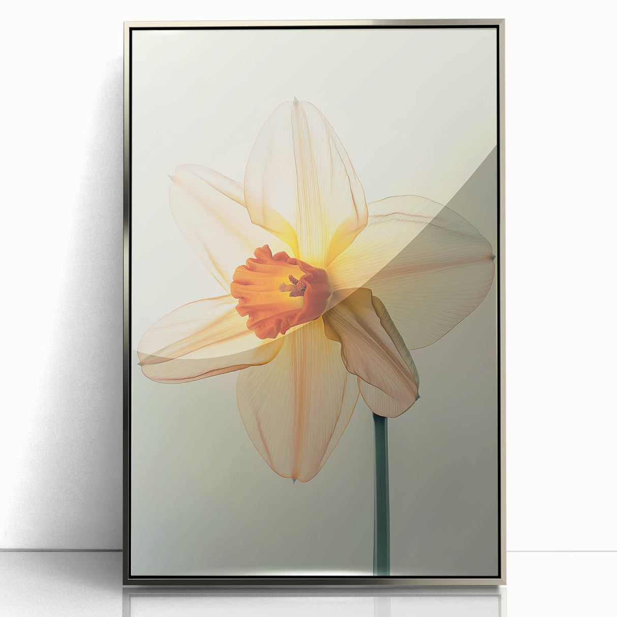 Framed wall art displaying a vibrant botanical daffodil design with silver-acrylic accents, perfect for adding a touch of elegance to home decor.