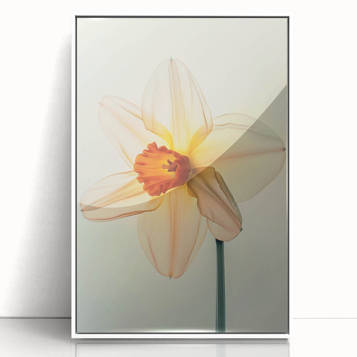 Framed acrylic wall art featuring a botanical daffodil design in vibrant yellow and green tones, perfect for home decor or office spaces, emphasizing natural beauty.