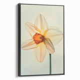 Framed canvas wall art showcasing a botanical daffodil design in vibrant yellow and green hues, presented in a sleek black frame, ideal for home decor.