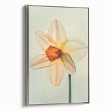 Framed wall art showcasing a botanical daffodil design on canvas, featuring a silver frame with a side view display, perfect for home decor enhancement.