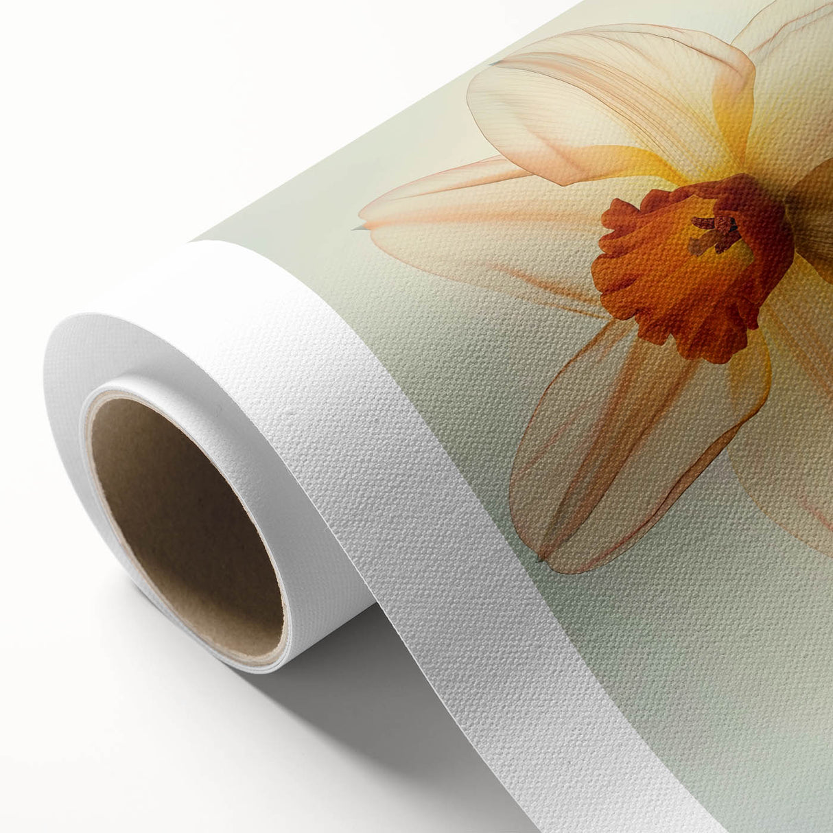 Botanical wall art featuring a vibrant daffodil design on rolled canvas, showcasing bright yellows and greens, ideal for home decor and floral enthusiasts.