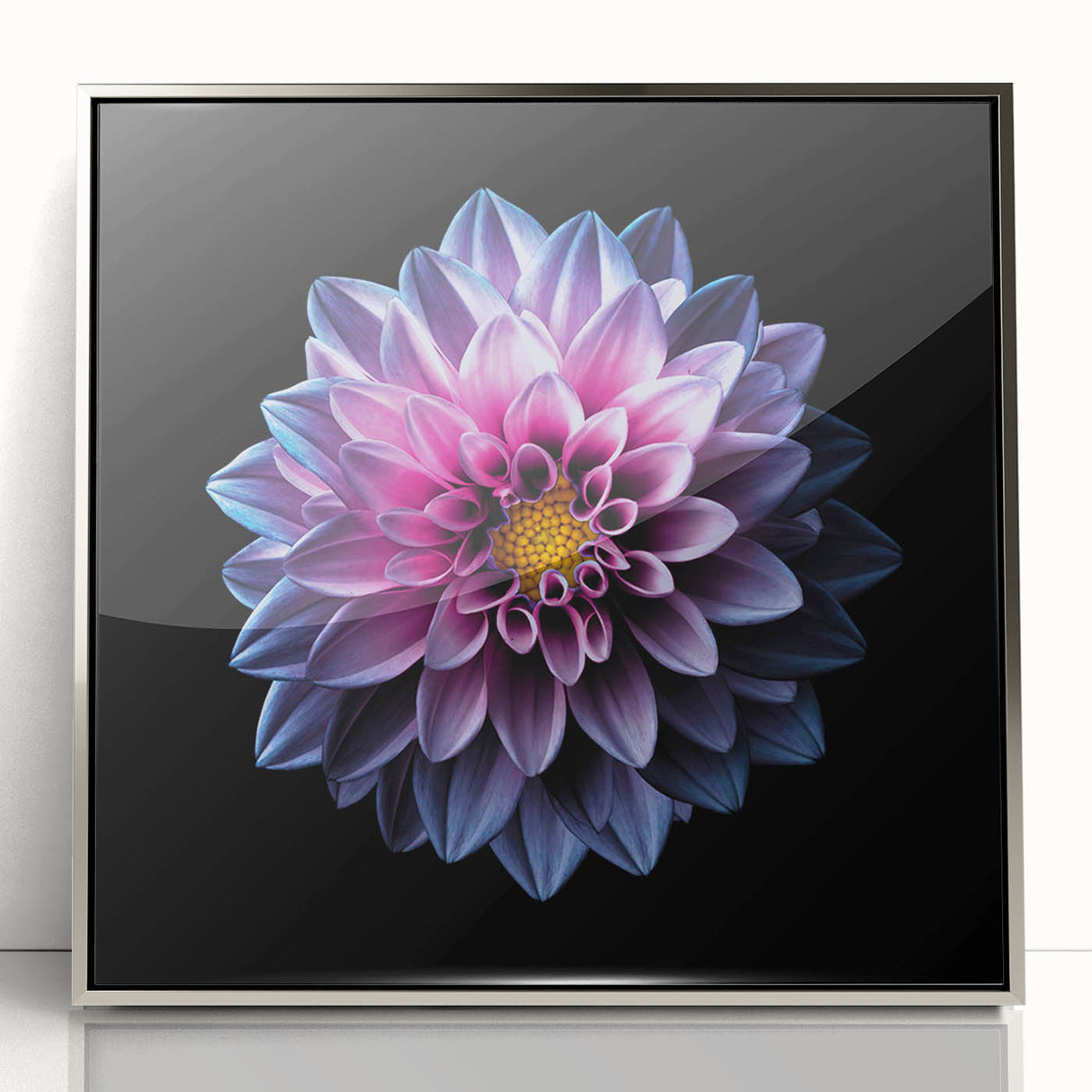 Framed wall art featuring a botanical dahlia design in vibrant colors with a silver frame, showcasing intricate floral details perfect for home decor.