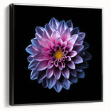 Framed canvas wall art showcasing a botanical dahlia design in rich colors, set against a sleek black background, perfect for modern home decor.