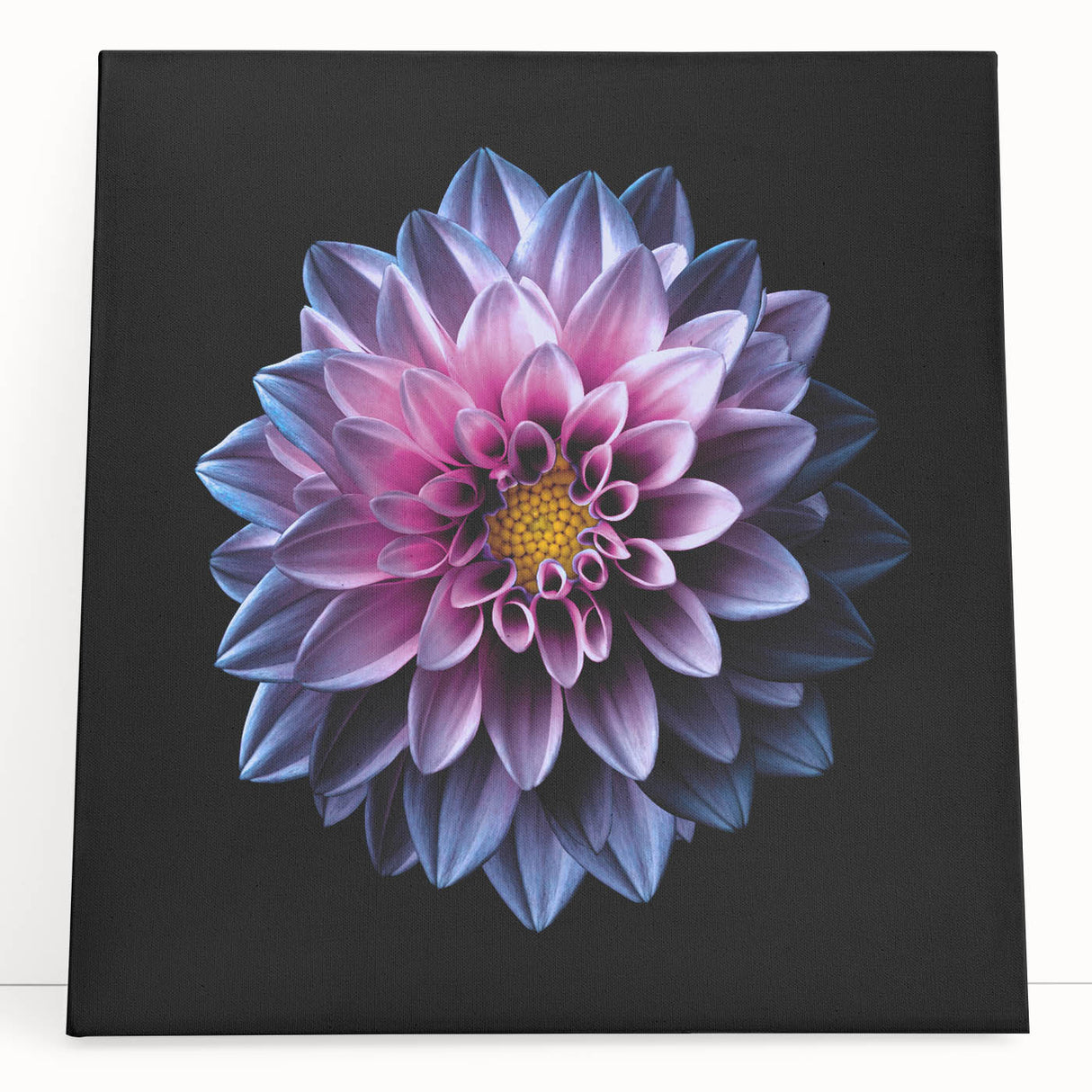 Vibrant botanical wall art featuring a stunning dahlia design on stretched canvas, showcasing rich colors and intricate details, ideal for home decor.