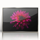 Framed wall art showcasing a botanical dahlia design in vibrant colors, set in a sleek silver frame. Ideal for modern home decor and floral enthusiasts.