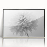 Framed acrylic wall art featuring a botanical dahlia design in silver, showcasing vibrant floral colors and intricate details, perfect for home decor.