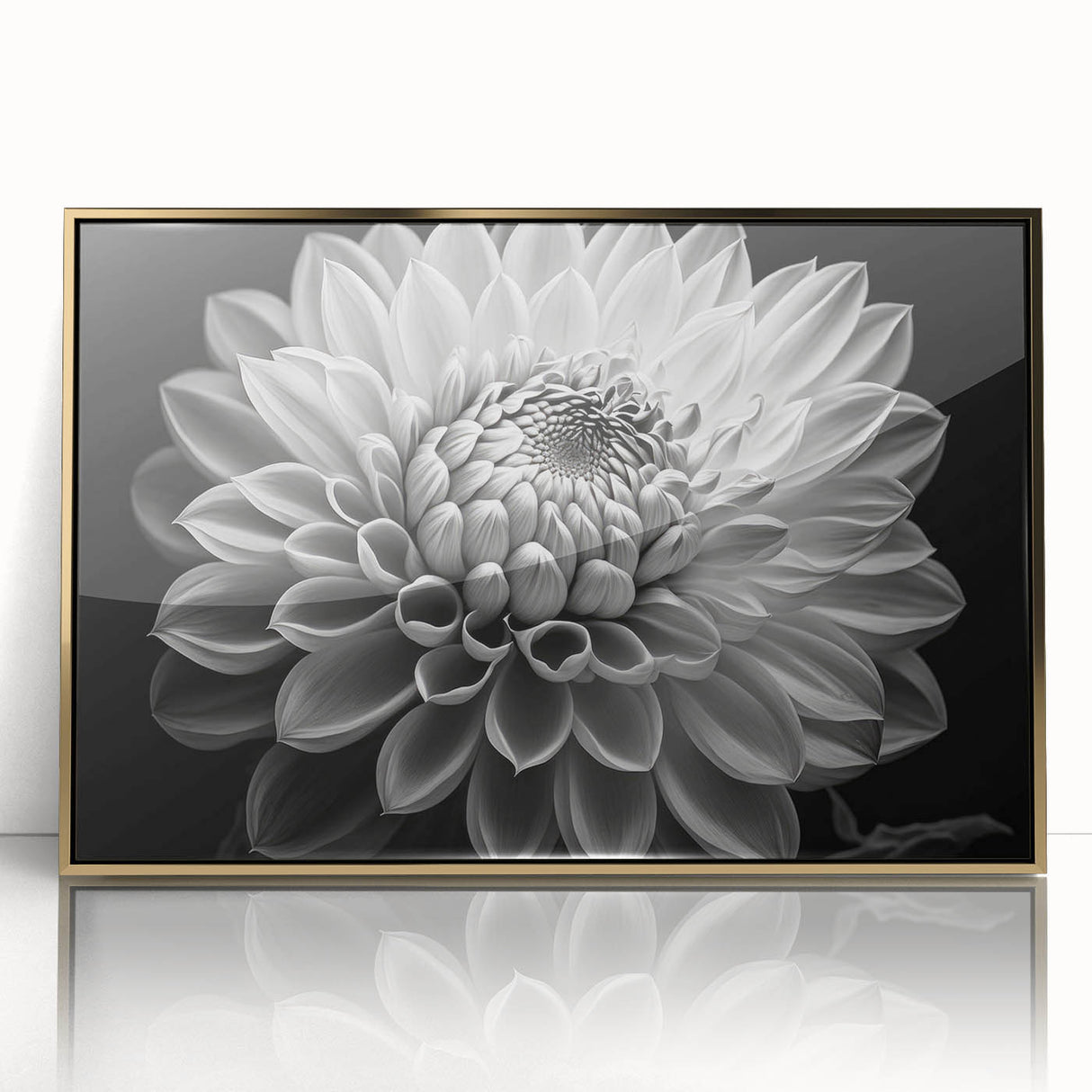 Framed botanical wall art featuring a vibrant dahlia design in rich gold tones, ideal for enhancing home decor with an elegant floral touch.