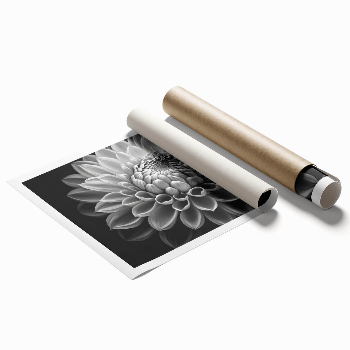 Vibrant botanical dahlia wall art print showcasing intricate floral details in rich colors, rolled for easy framing and display in home decor.