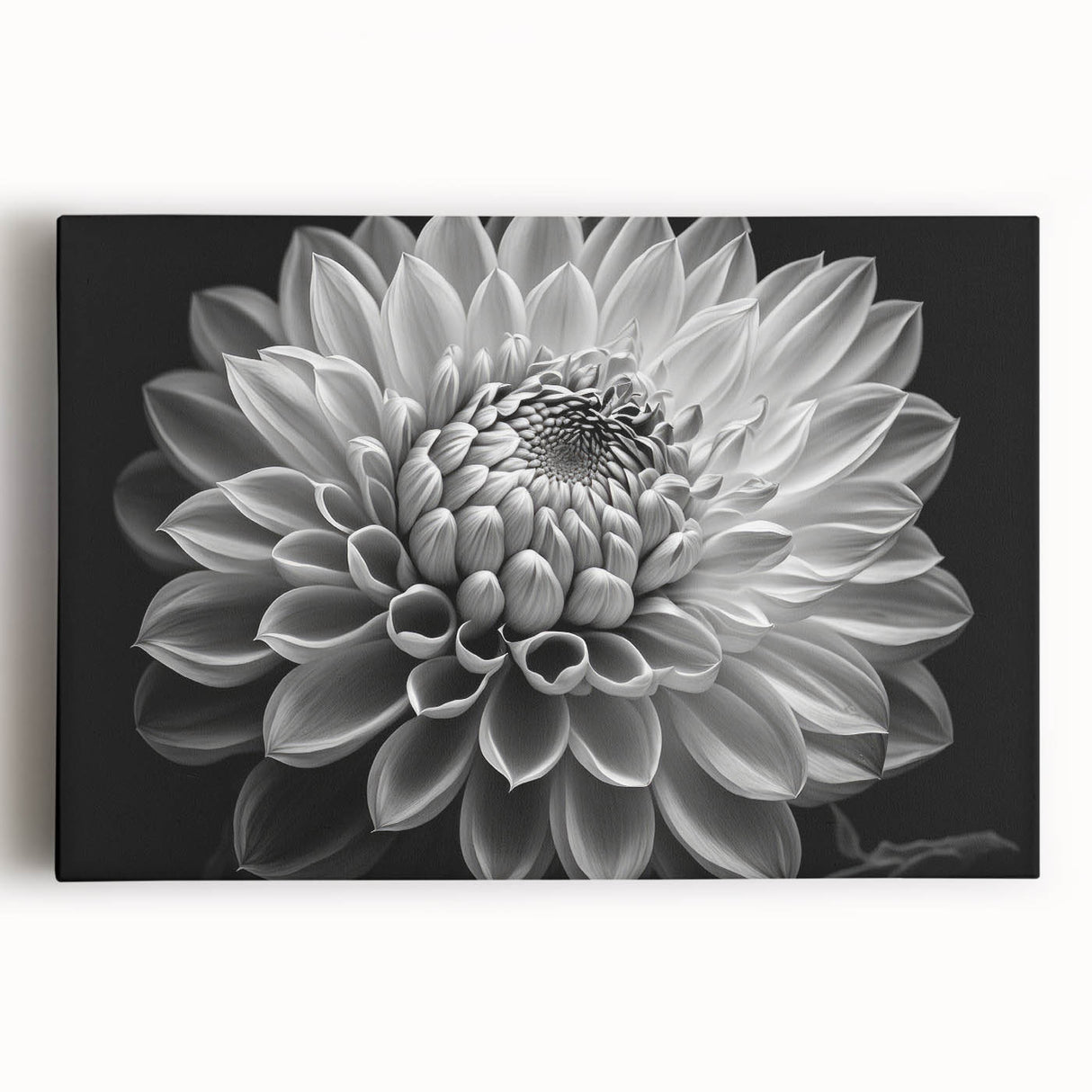 Stretched canvas wall art showcasing a vibrant botanical dahlia design, featuring rich colors and intricate floral details, perfect for home decor enhancement.