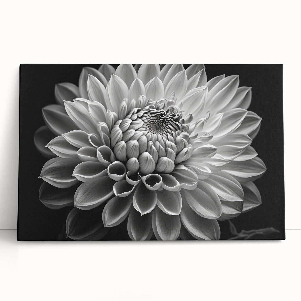 Botanical dahlia design stretched canvas wall art showcasing vibrant pink and white flowers against a soft blue background, perfect for home decor enhancement.