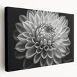 Stretched canvas featuring a vibrant botanical dahlia design in rich colors, ideal for home decor. Side view showcases its elegant framing and texture.