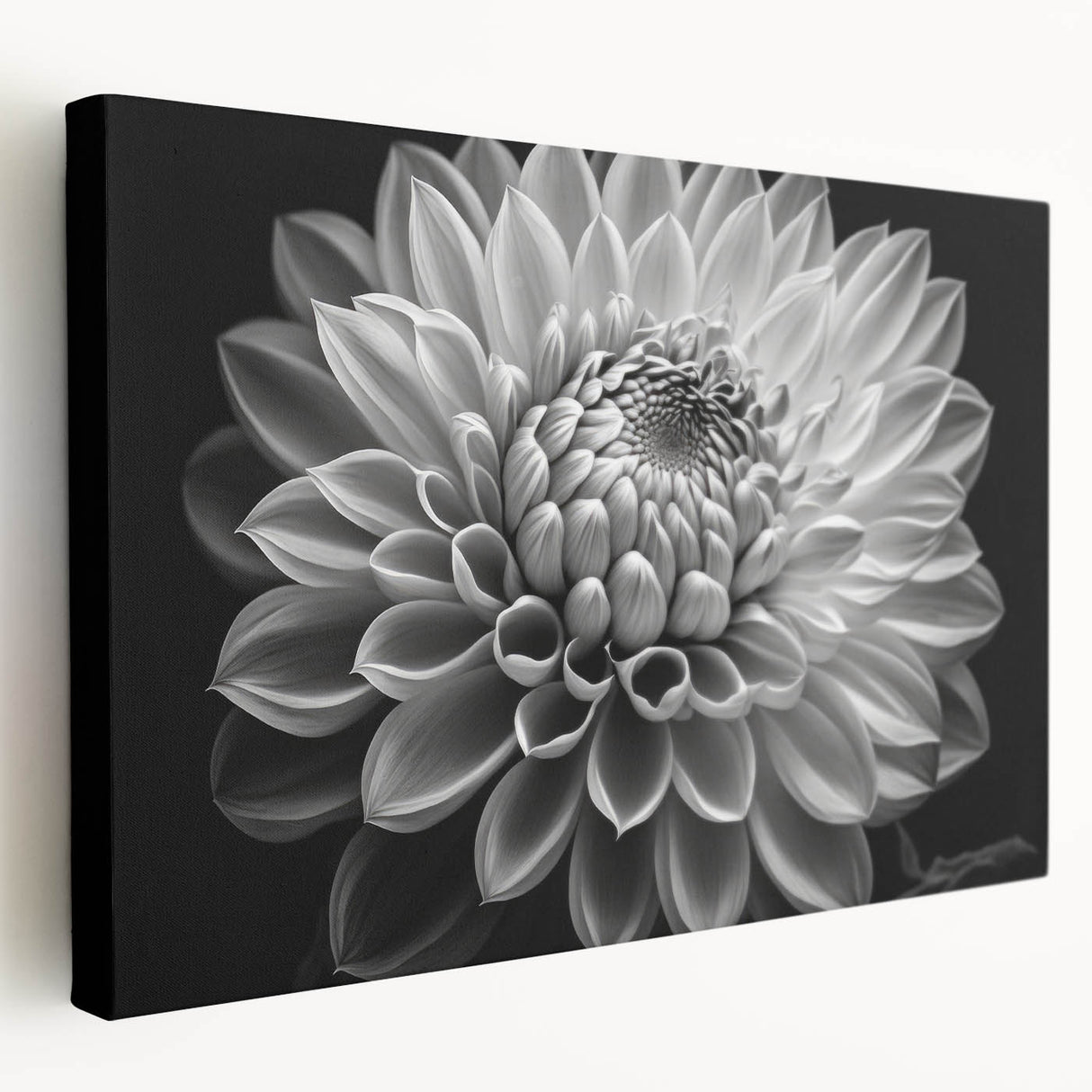 Stretched canvas featuring a vibrant botanical dahlia design in rich colors, ideal for home decor. Side view showcases its elegant framing and texture.