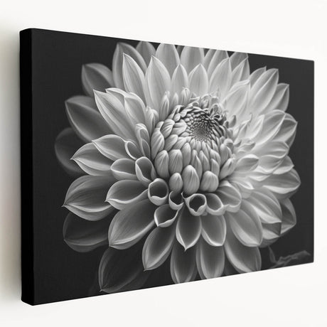 Stretched canvas featuring a vibrant botanical dahlia design in rich colors, ideal for home decor. Side view showcases its elegant framing and texture.