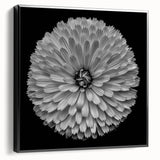 Framed canvas wall art featuring a vibrant botanical dahlia design in rich colors, showcased from the side with a sleek black frame, perfect for home decor.