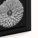 Close-up of a vibrant dahlia floral design wall art print on framed canvas, showcasing intricate petals in shades of pink and yellow against a soft background, perfect for home decor.