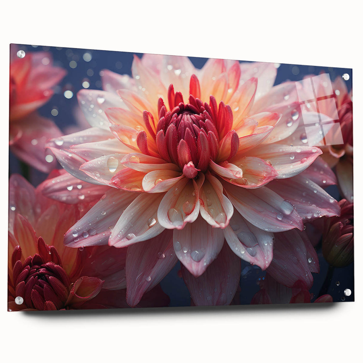 Dahlia floral wall art collection showcasing a vibrant acrylic glass design with a side view, elegantly pinned for display, perfect for home decor enthusiasts.