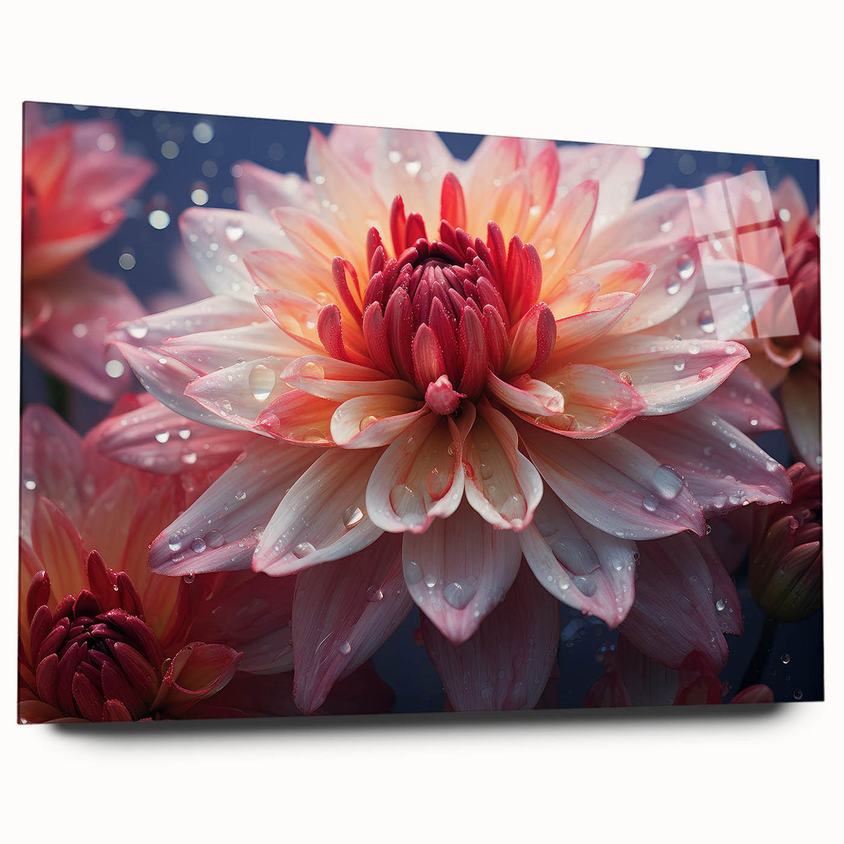 Acrylic glass wall art showcasing a vibrant botanical dahlia design in rich colors, displayed from a side view, highlighting its sleek, modern aesthetic ideal for home decor.