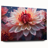 Acrylic glass wall art showcasing a vibrant botanical dahlia design in rich colors, displayed from a side view, highlighting its sleek, modern aesthetic ideal for home decor.