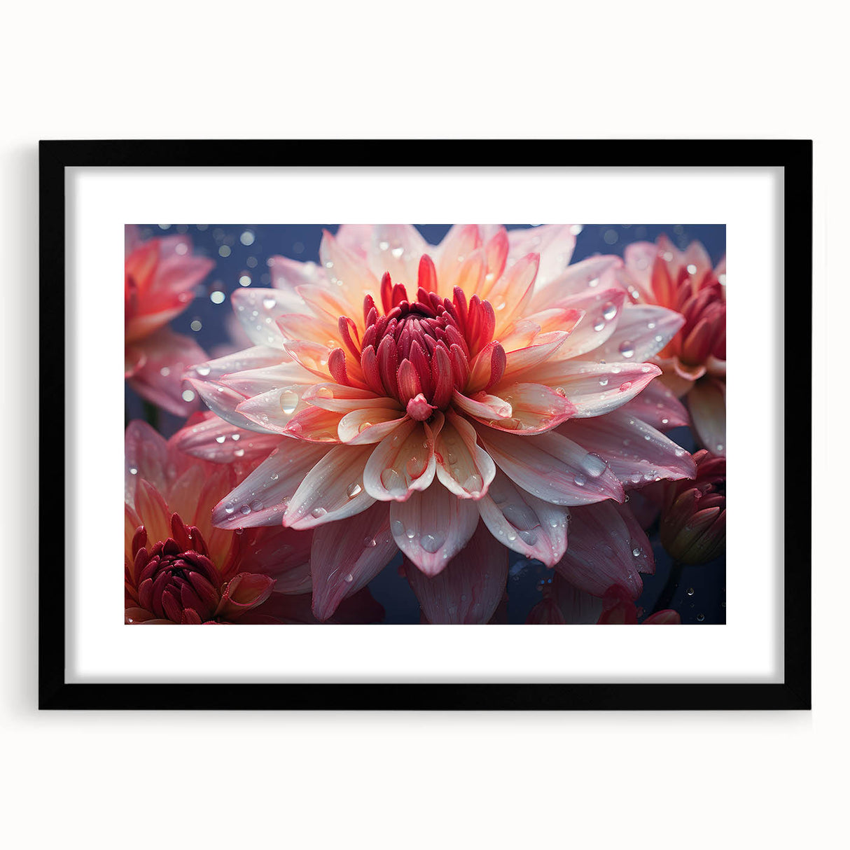 Black-framed wall art featuring a stunning botanical dahlia design, showcasing vibrant colors and intricate details, perfect for home decor enhancement.