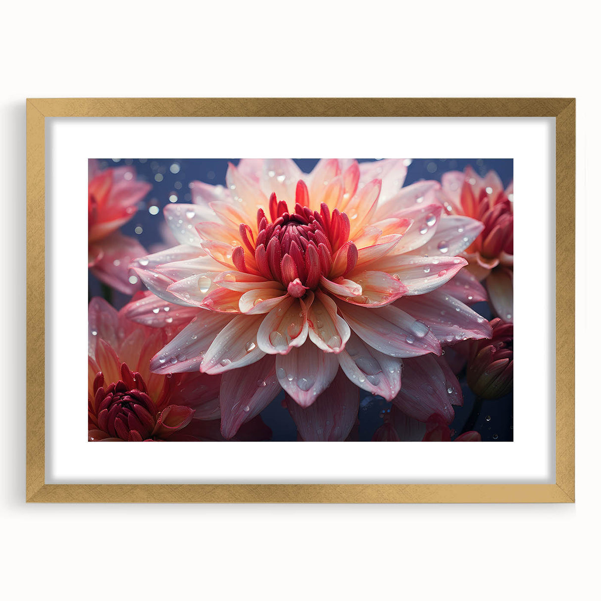Botanical dahlia design wall art collection framed in gold, featuring intricate floral details and a matte finish, perfect for enhancing home decor.
